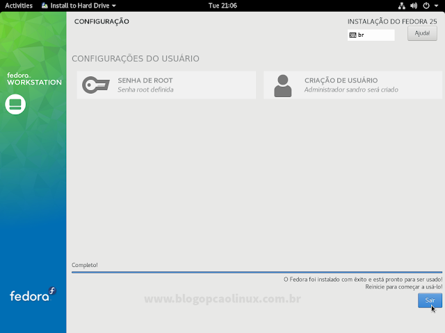 Instalação terminada, clique em "Sair"