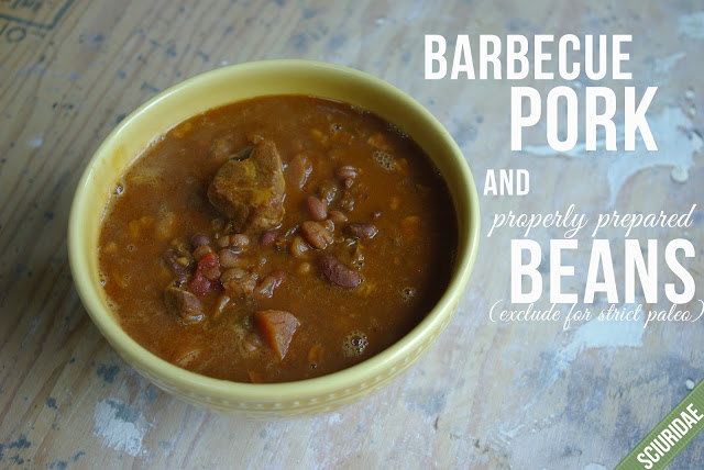Barbecue pork and soaked beans in the slow cooker, exclude beans for strict paleo