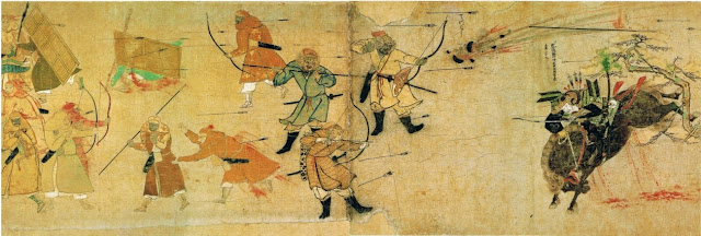 Самурай Такэдзаки Суэнага, атакующий монгольских лучников. В центре рисунка изображен взрыв монгольской зажигательной бомбы. Фрагмент «Свитка о монгольском вторжении», 1293 год