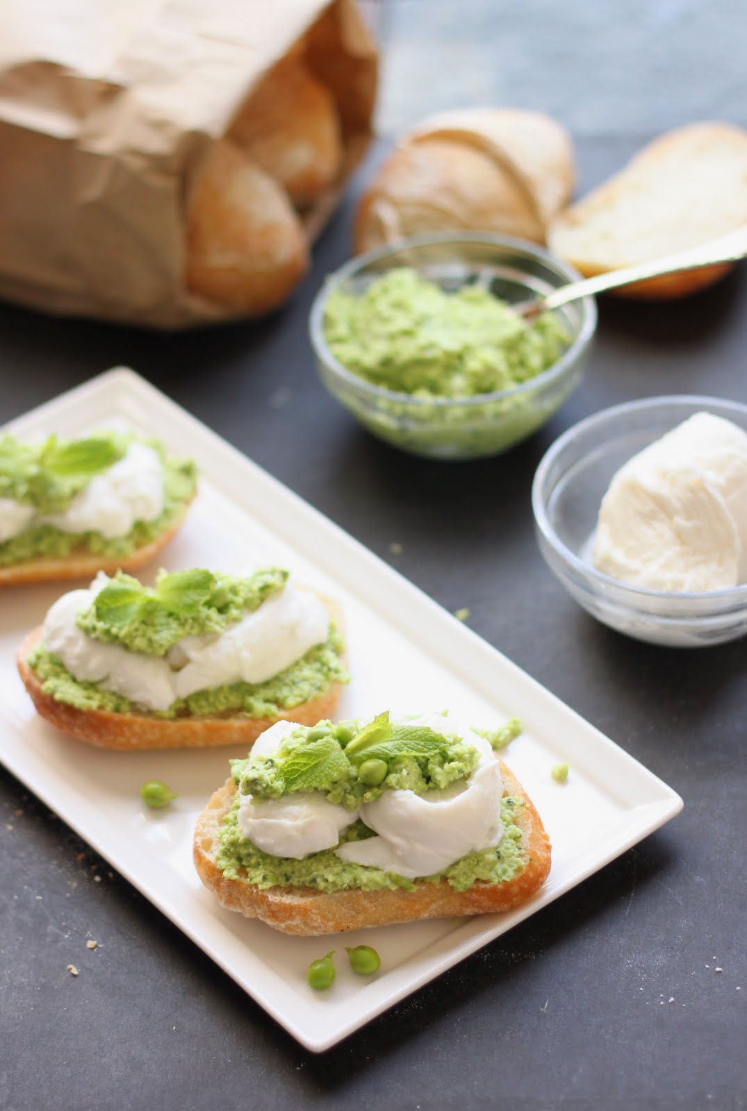 The Cilantropist Smashed Peas and Fava Beans with Fresh Mozzarella