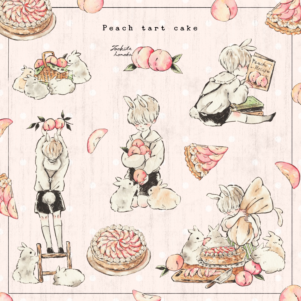 男の子とうさぎと桃のケーキの水彩アナログイラスト＆線画・水彩メイキング｜手描きのかわいい絵