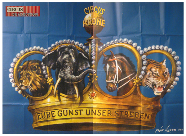 grande affiche illustrée de la couronne du cirque Krone 