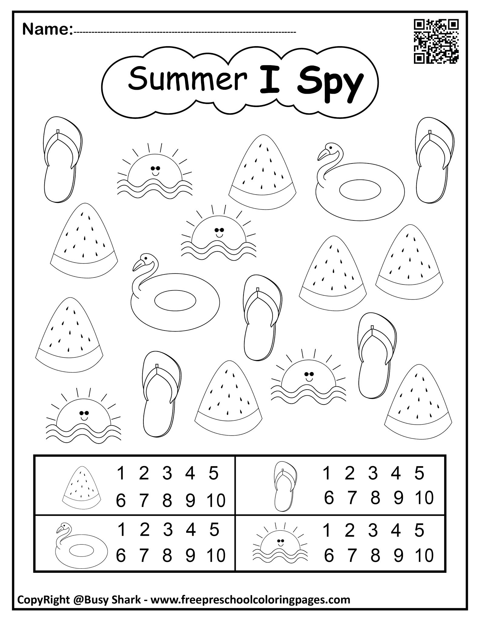 Set of Summer I spy numbers coloring pages