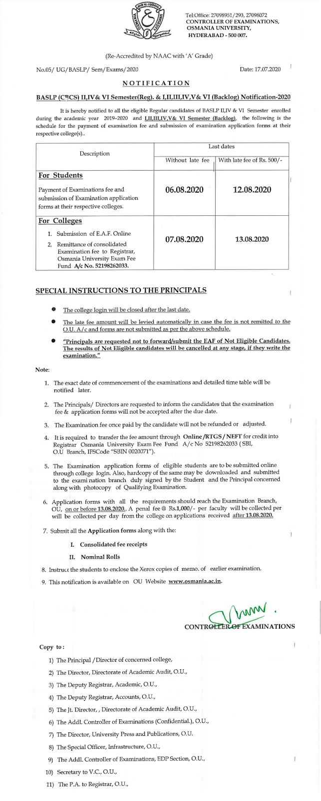 Osmania University BASLP (CBSE) Regular & Backlog July 2020 Exam Fee Notification