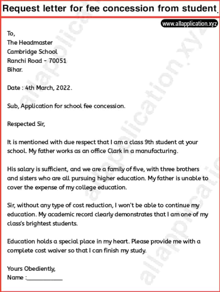 Application for Fee Concession Due to Financial Problems (2 Examples)
