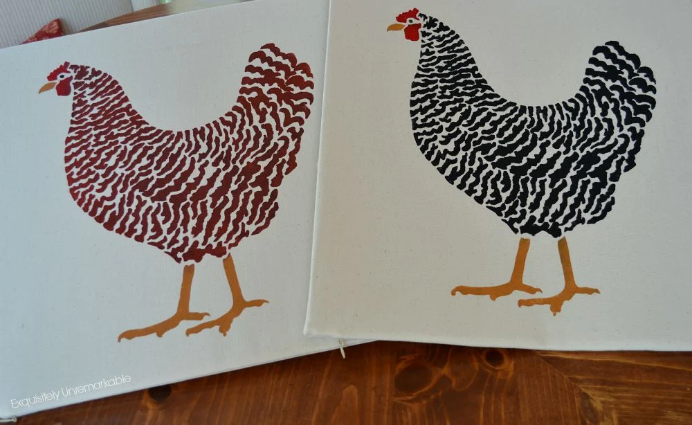 Two hand stenciled chickens on fabric pillowcases