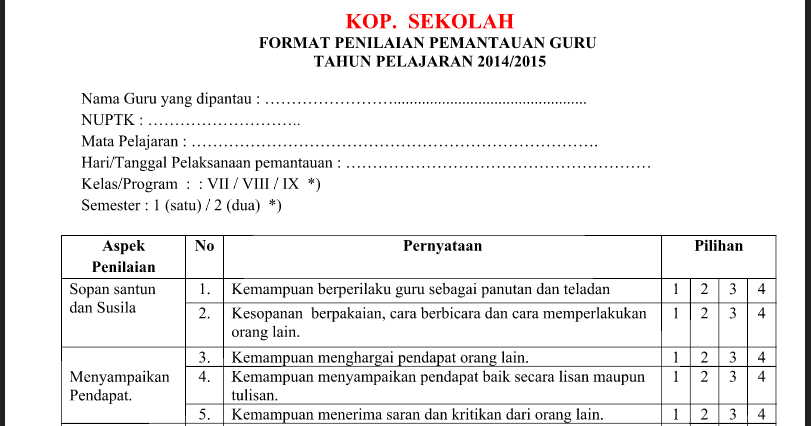 Contoh Format Pemantauan Proses Pembelajaran Oleh Kepala Sekolah Jenjang Smp Mts Bukti Fisik Akreditasi Smp Mts 2018