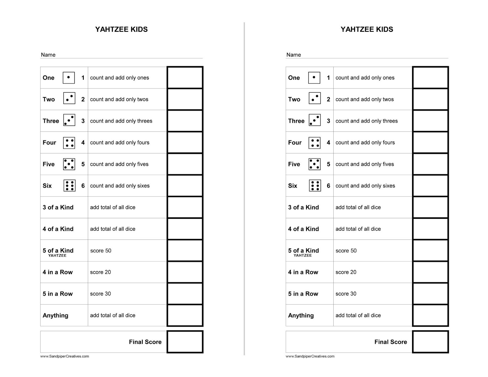 interieur vitamine Antipoison Yahtzee Score Card for Kids - Free Printable