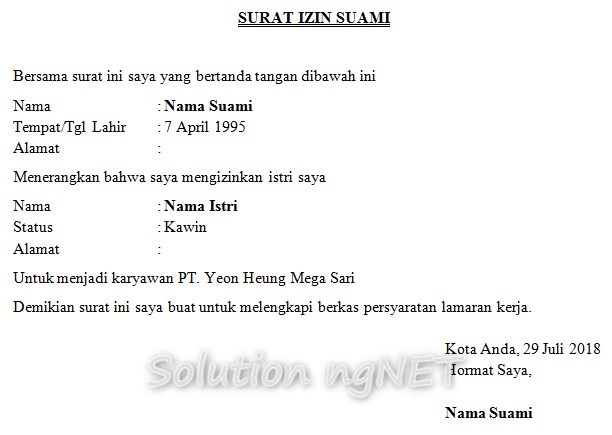 Surat izin suami untuk kerja di pabrik