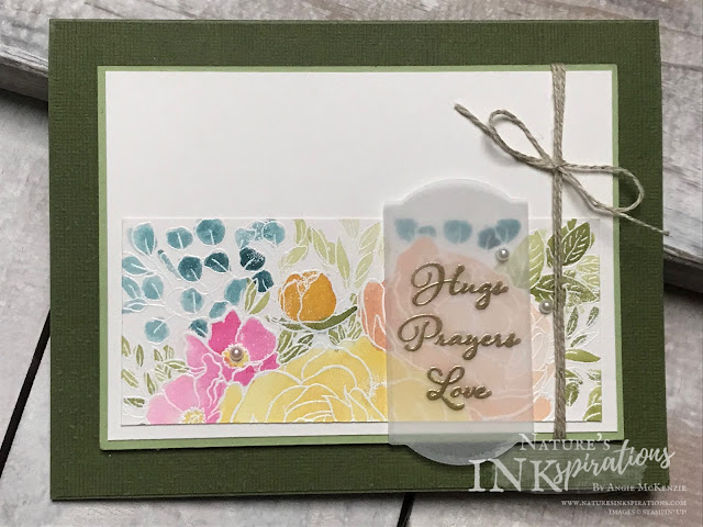By Angie McKenzie for JOSTTT014 Design Team Inspirations; Click READ or VISIT to go to my blog for details! Featuring the Breathtaking Bouquet Background Stamp, Positive Thoughts Stamp Set and Painted Labels Dies from the 2020 January-June Mini Catalog; #stampinup #vellum #thinkingofyoucards #florals #embossing #watercoloring #positivethoughtsstampset #breathtakingbouquetstampset #paintedlabelsdies #subtleembossingfolder #josttt014 #linenthread #cardtechniques #josdesignteaminspiration 