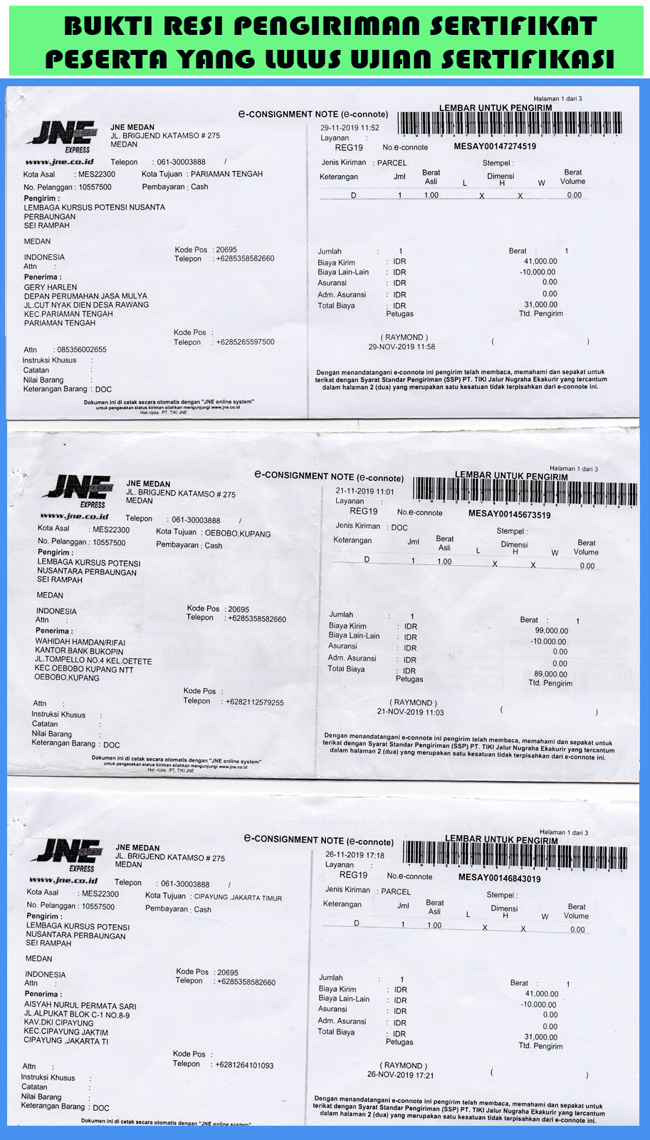 Bukti Resi Pengiriman Sertifikat Peserta yang Lulus Ujian