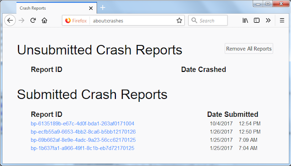 Firefoxのクラッシュレポート