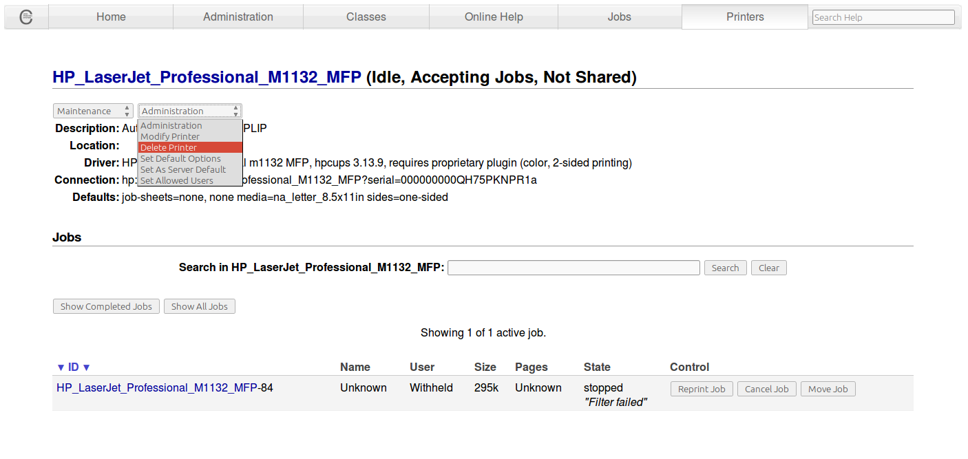 filter failed epson printer mac