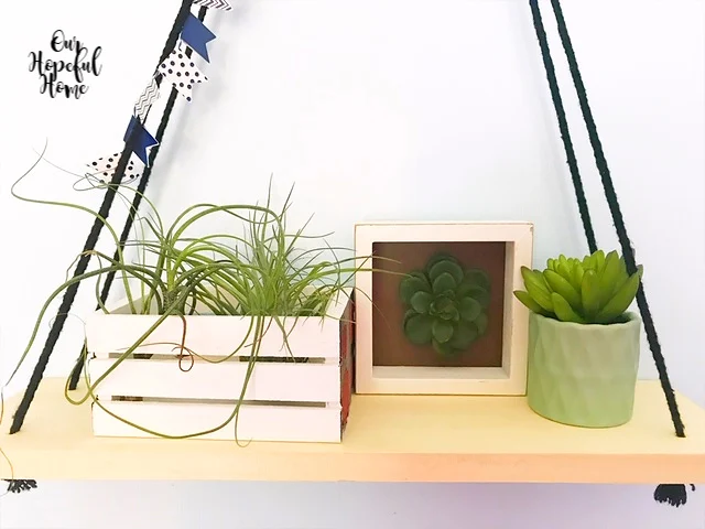 hanging shelf mini crate green planter white frame faux succulent