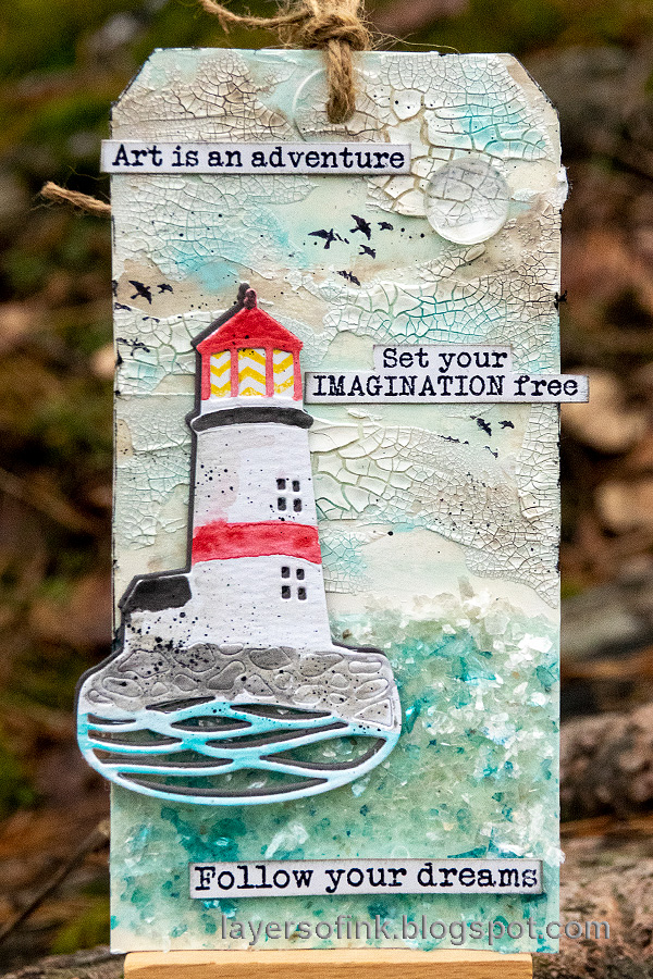 Layers of ink - Lighthouse Tag with crackle paste and mica flakes by Anna-Karin Evaldsson. Layers of ink - Lighthouse Tag with crackle paste and mica flakes by Anna-Karin Evaldsson.