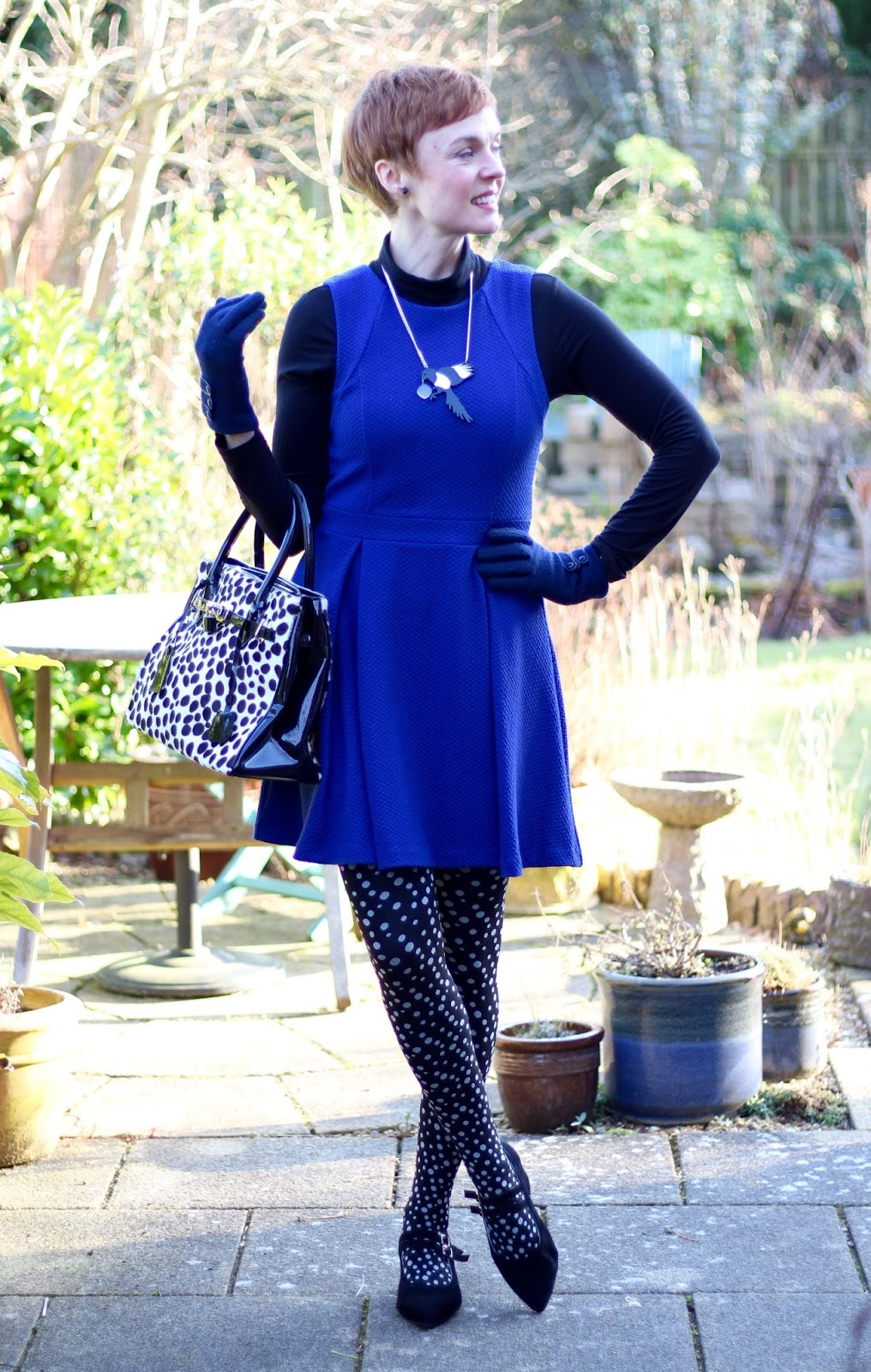 Blue Fit and Flare Dress, Spotty Tights and Mary Janes | Fake Fabulous