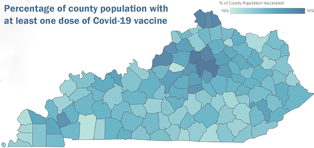 Color-coded county map of Kentucky showing percentage of county population with at least one dose of Covid-19 vaccine