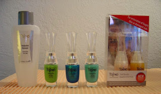 Summer 2014 Trind Caring Nail Colors and Keratin Treatment for Nails Kit Review Trind Nail Polish Remover, three nail polishes, and Keratin Treatment for nails