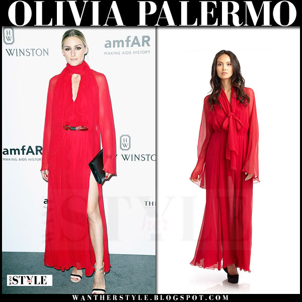 Olivia Palermo in red silk chiffon gown at amfAR Gala in Paris on July