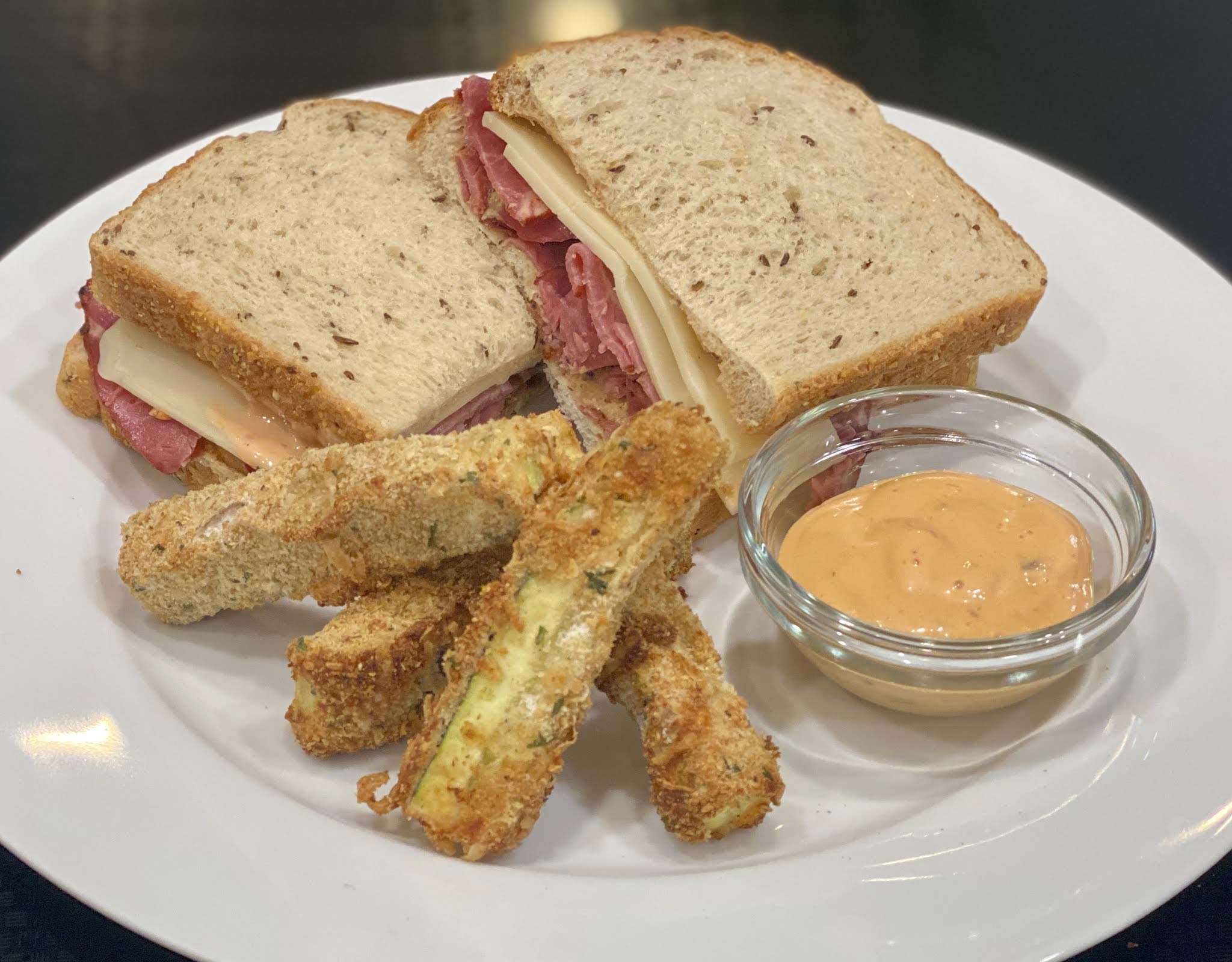 GREAT EATS HAWAII PASTRAMI AND SWISS SANDWICH WITH AIR FRYER ZUCCHINI FRIES