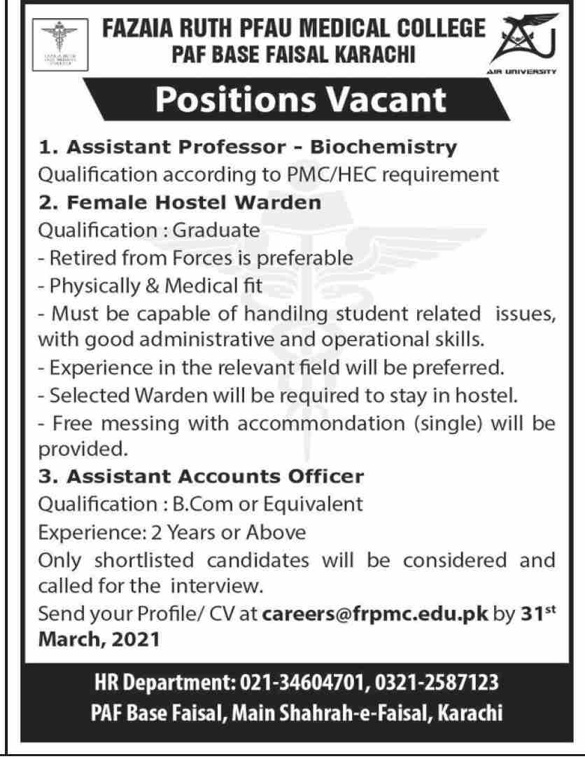 Fazaia Ruth Pfau Medical College PAF Base Faisal Karachi Jobs 2021 in Pakistan - Online Apply :- careers@frpmc.edu.pk