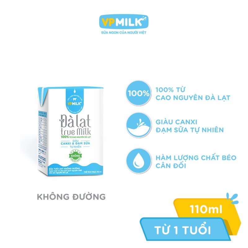 Sữa Tươi VPMilk UTH Đà Lạt True Milk 110ml - Không Đường - Thùng 48 hộp