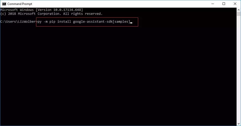 Command Prompt instructions to install Google Assistant SDK