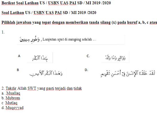 Soal Latihan US / USBN UAS PAI SD / MI 2019 /2020 dan