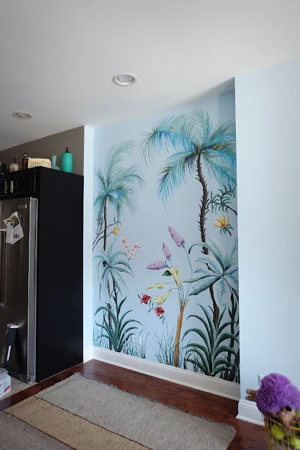 another view of tropical floral hand painted wall mural