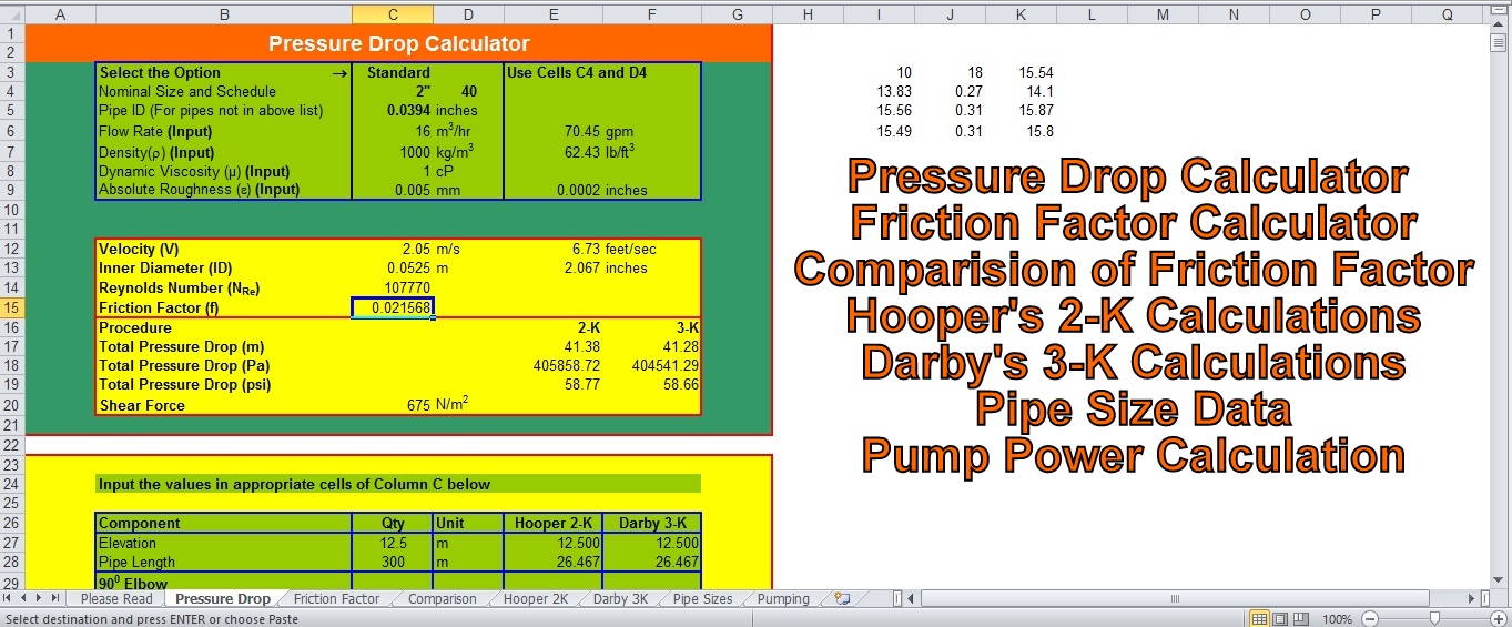 Piping Pressure Drop Calculations Excel