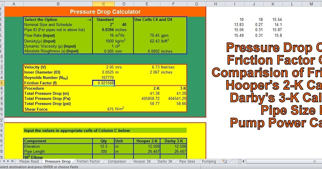 Piping Pressure Drop Calculations Excel