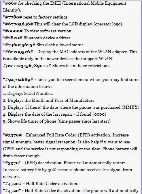 Nokia Secret Codes ~ Blogging Tricks