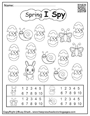 spring i spy printable free preschool coloring pages game for kids, bunny rabbit,flowers,tree,snail,sun,egg,ladybug,butterfly,chick peeps