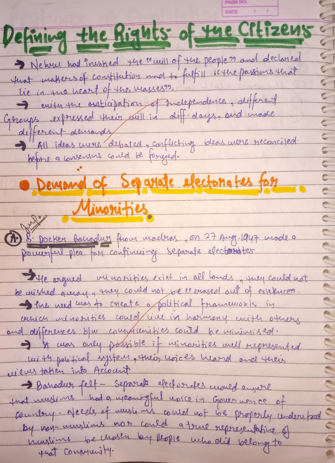 Handwritten Notes of FRAMING THE CONSTITUTION History Class 12th