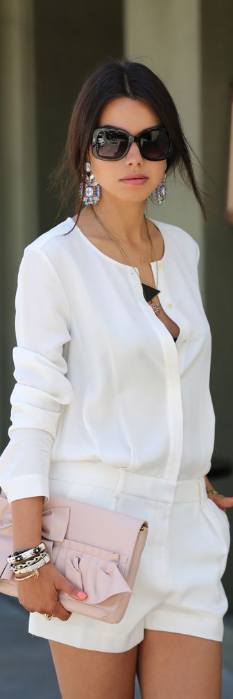 Women's fashion | Summer business attire | White blouse, shorts, pink ...