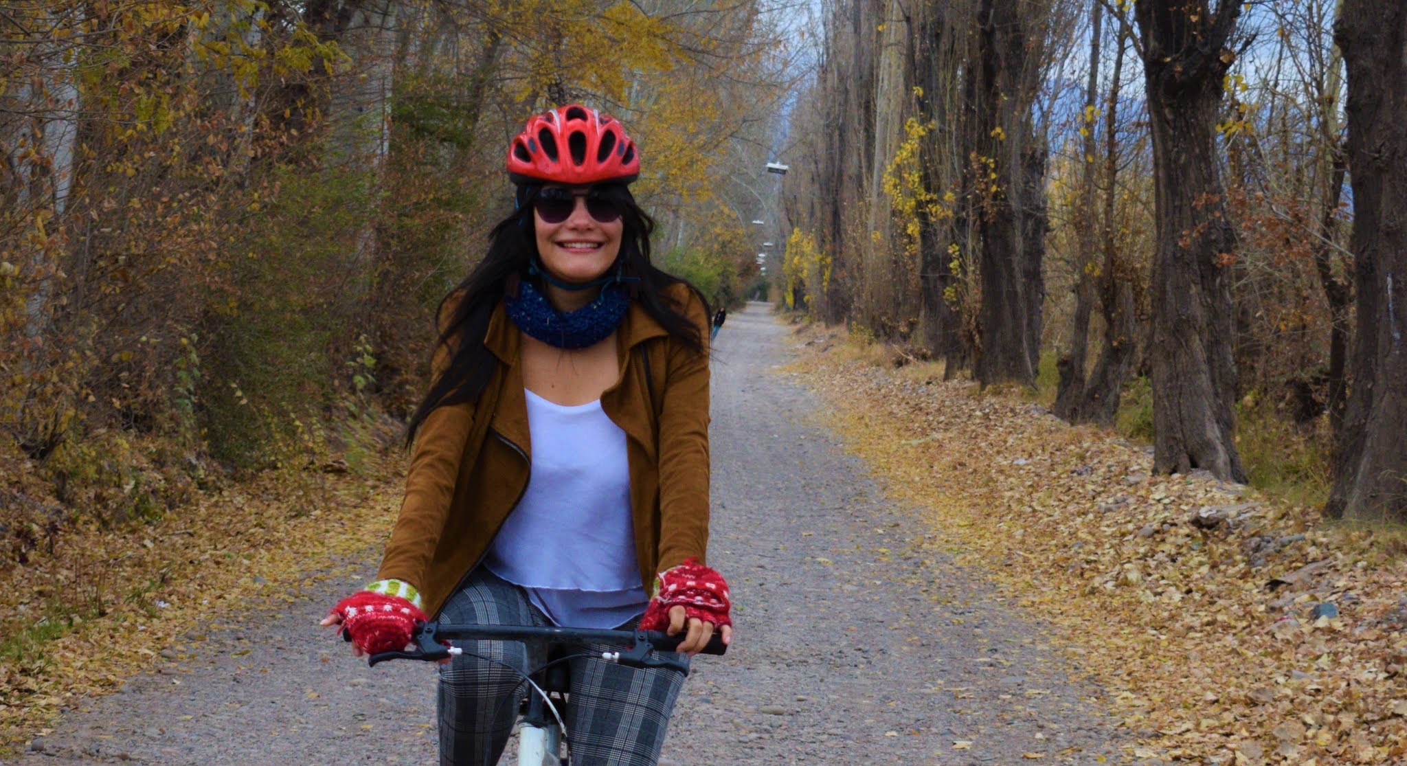 mulher andando de bicicleta em meio a uma paisagem de outono