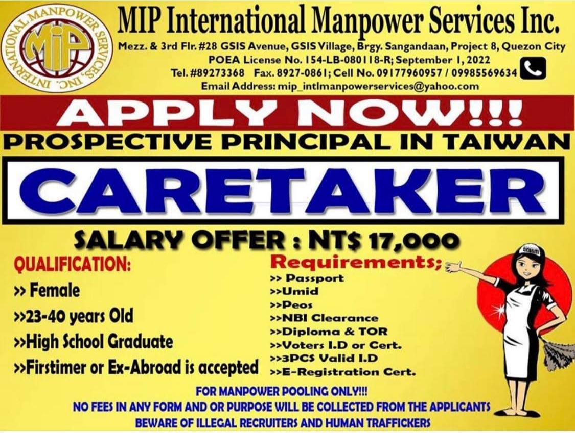Pinoy Taiwan Jobs Now hiring Caretakers bound to Taiwan under MIP