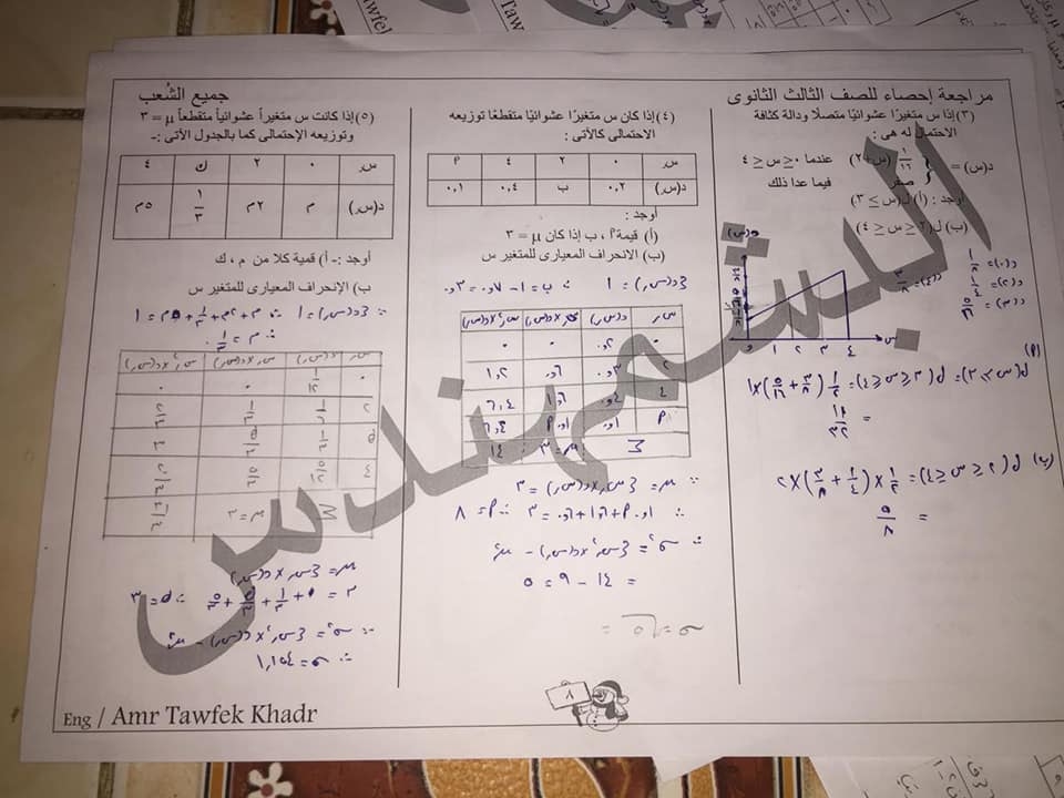 في 9 ورقات مراجعة الإحصاء للصف الثالث الثانوي