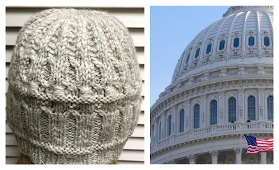 Grey hat depicting the U.S. Capitol knitted with DROPS Karisma