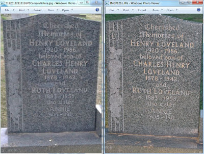 A comparison of two photos of the same gravestone - described below.