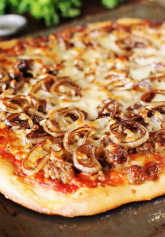 Sausage & BalsamicCaramelized Onion Pizza & a homemade whole wheat