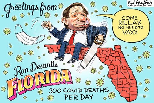 Post card showing Ron DeSantis sawing the Florida peninsula off from the panhandle while saying 