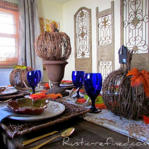 Cobalt Blue and Brown Fall Inspirational Tablescape