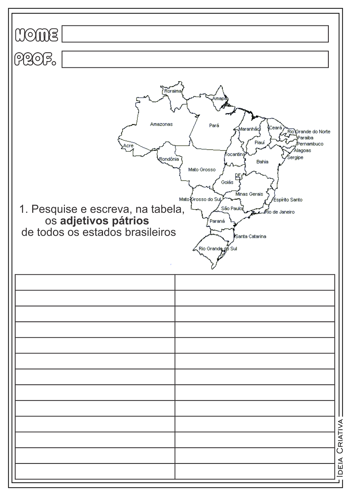 Atividades Adjetivos Pátrios Estados e Capitais do Brasil