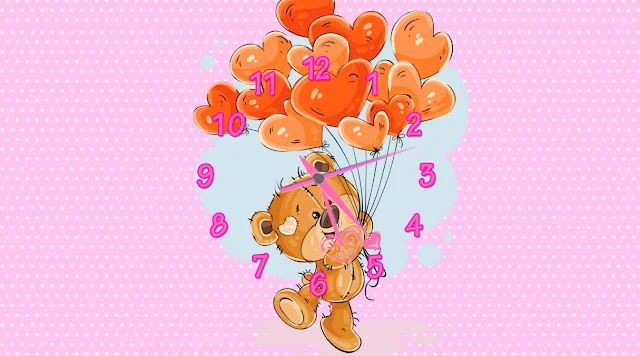 Free download Teddy Bear Holding Heart Balloons Clock animated screensaver!