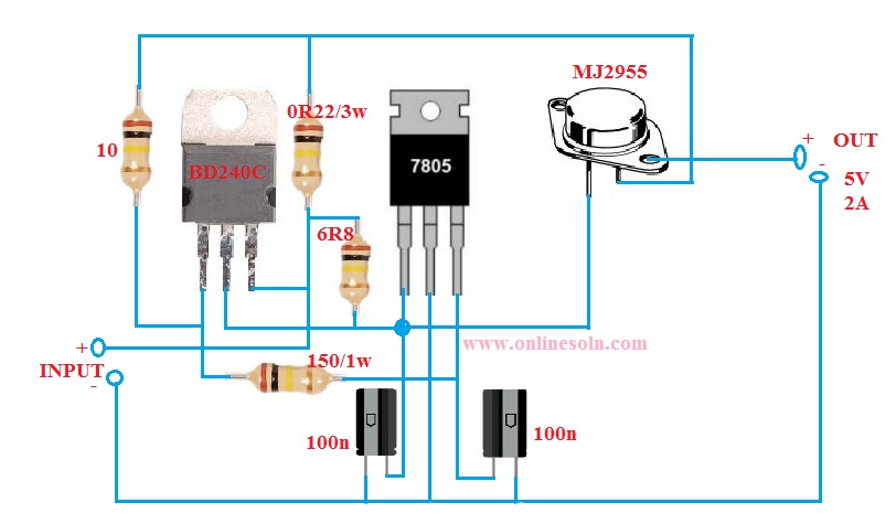 5V / 2A Voltage regulator designed by using | 7805 | JM2955 | BD240C