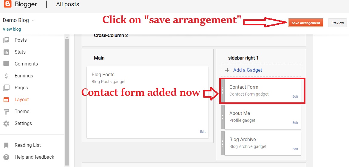 saving the arrangement after you have added the contact form in bloggger How To Create Contact Us Page In Blogger Blog