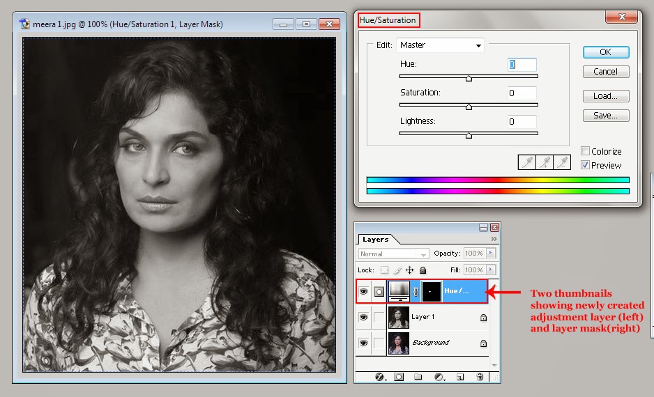 Desaturate command & Adjustment layer named Hue/Saturation InfotechEasy