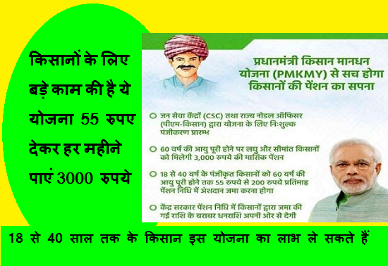 प्रधानमंत्री किसान मानधन योजना 55 रुपये देकर हर महीना पाए 3000 रुपये।