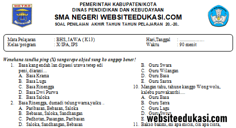 Soal Pat Bahasa Jawa Kelas 10 K13 Dan Kunci Jawaban Websiteedukasi Com